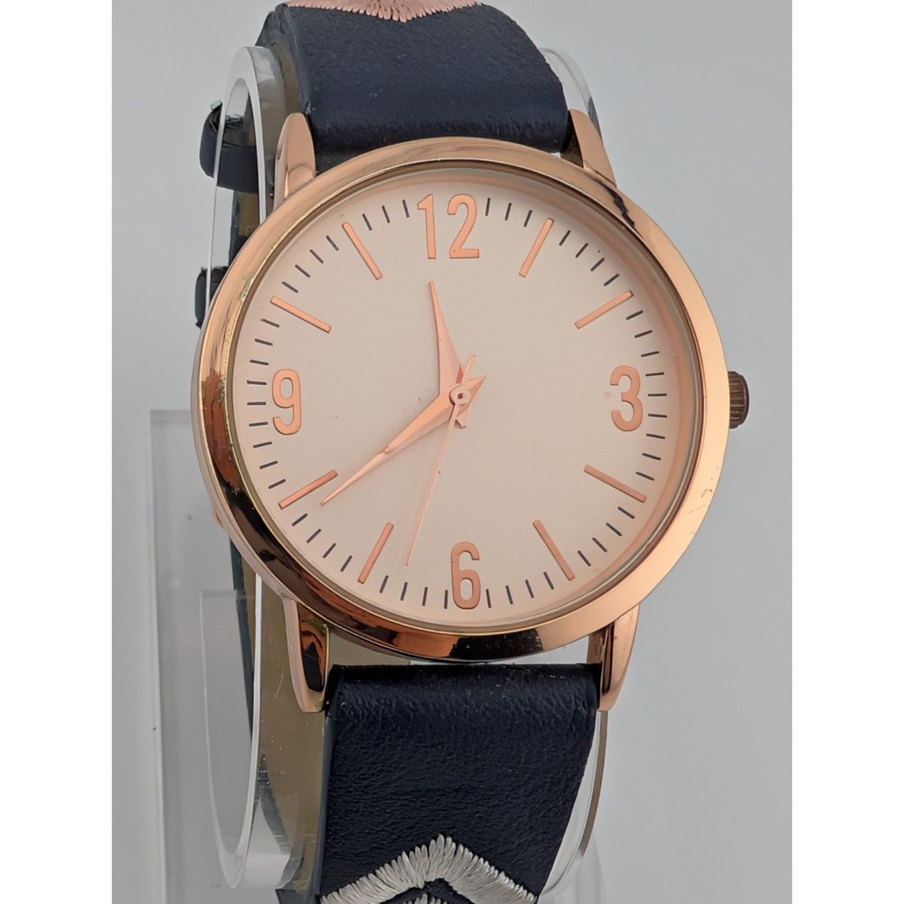 Accutime Watch Women 36mm Rose‎ Gold Case Embrodiered Navy  Band- New Battery